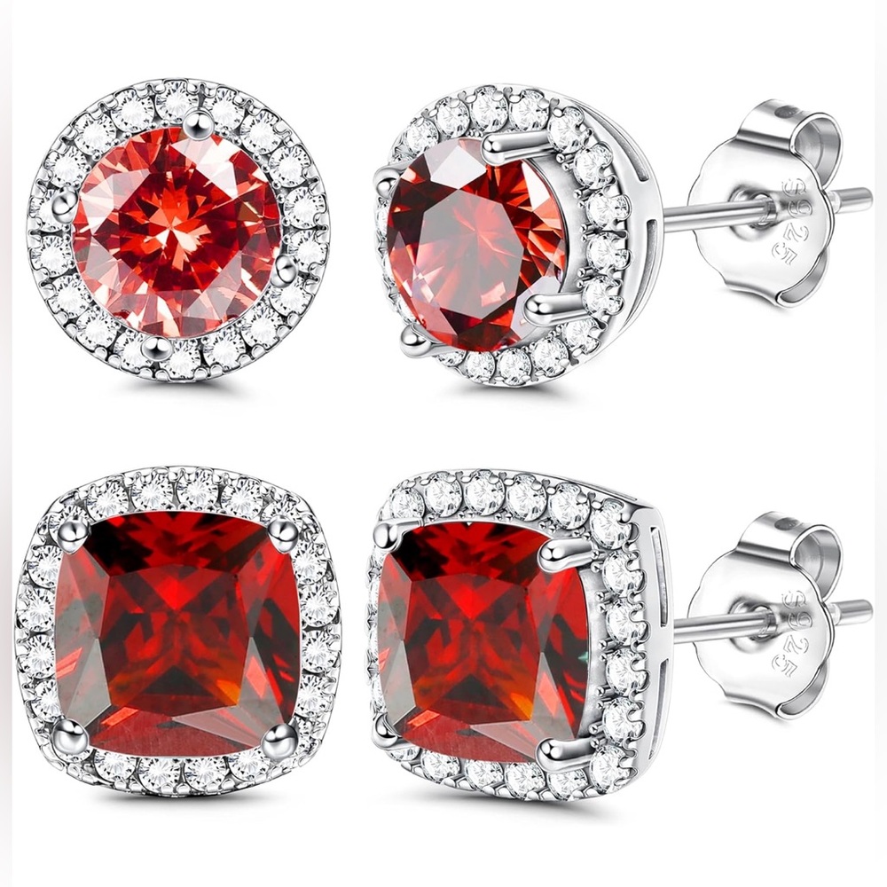 Cubic Zirconia Studs | Sterling Silver Earrings | Red